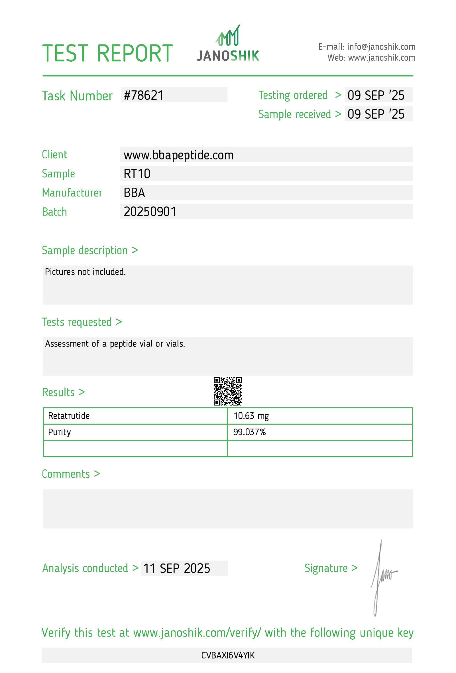 GLP 3-RT certificate of analysis