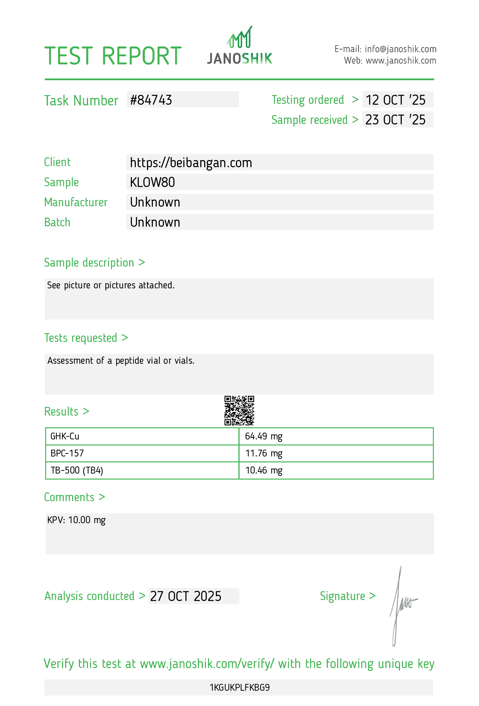 KLOW Stack certificate of analysis