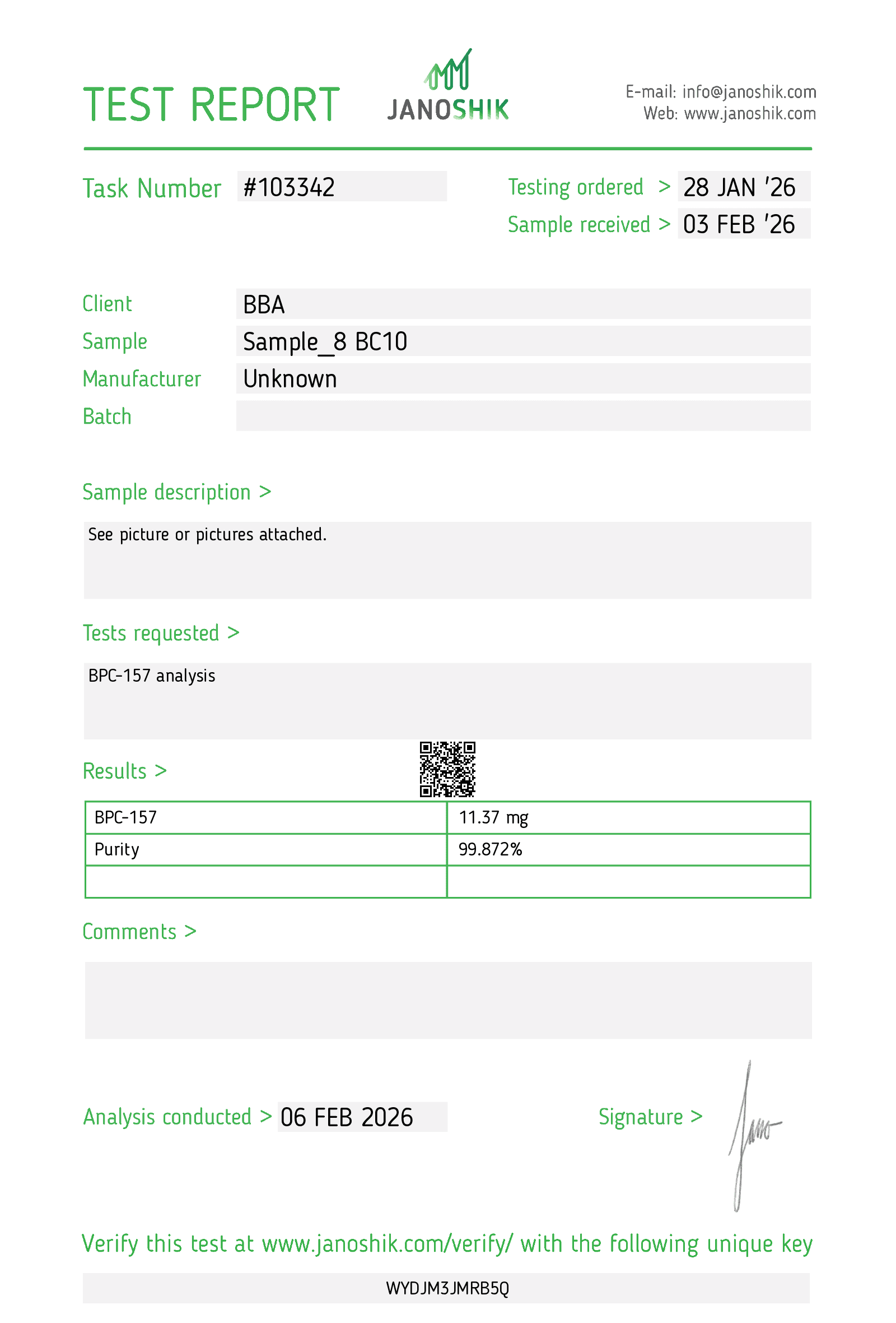 BPC+TB Stack certificate of analysis