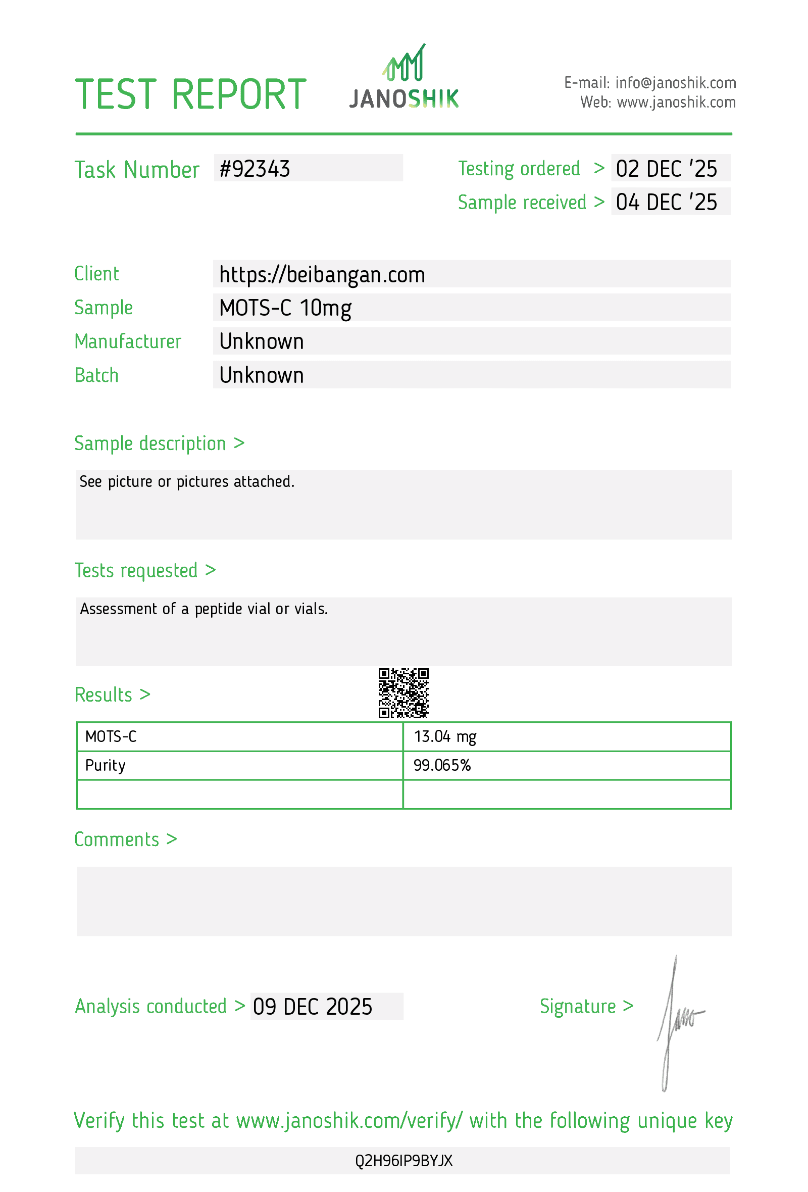 MOTS-C certificate of analysis