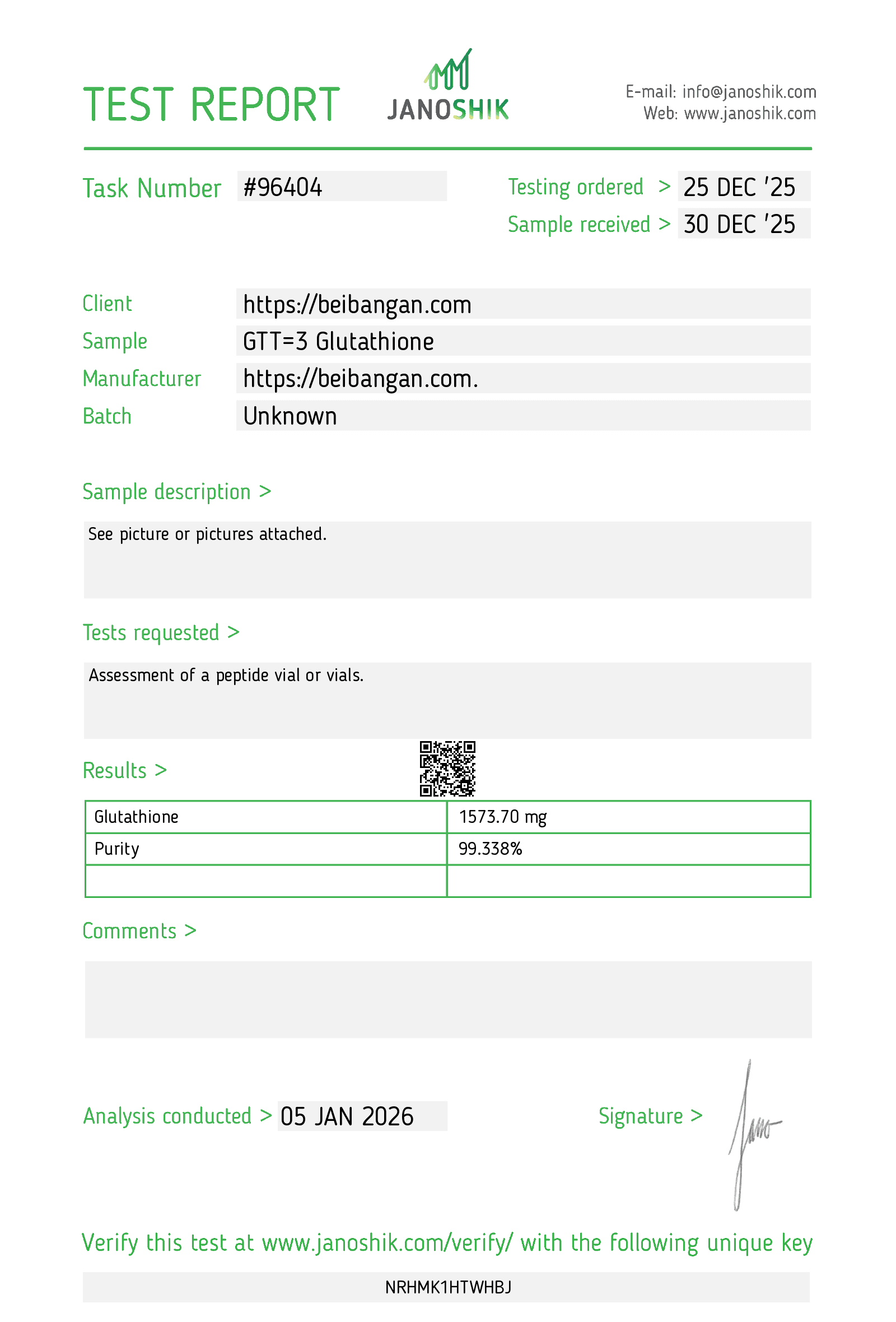 Glutathione certificate of analysis